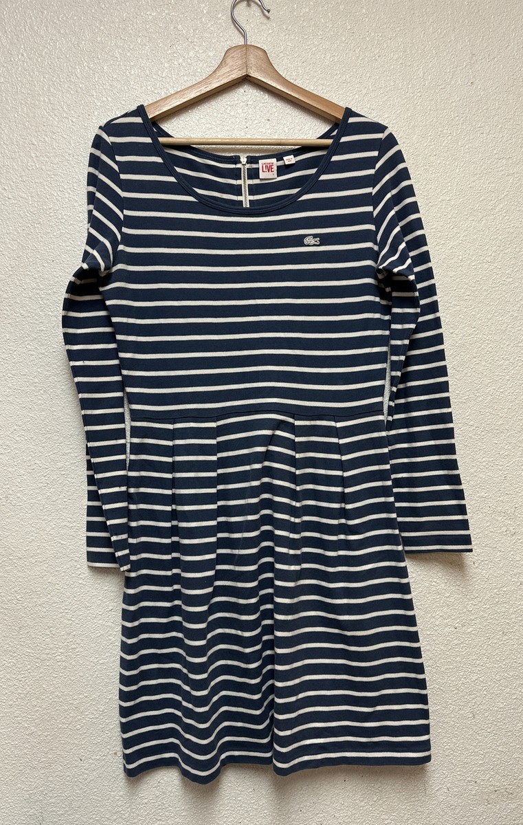 Lacoste LIVE Womens Dress Skater Blue Stretch Long Sleeve Pleated Shift Sz L