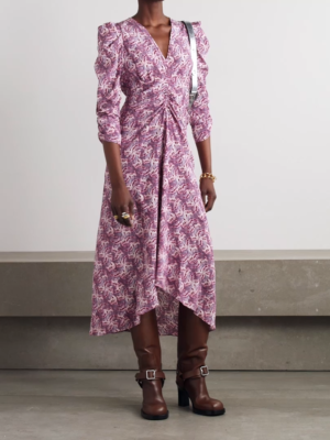 ISABEL MARANT Purple Pink Print Albini Gathered Ruched Silk Midi