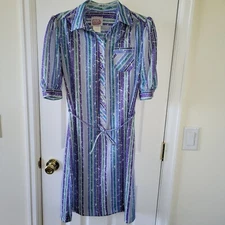 California Looks Shirt Dress 10P Purple Aqua Striped 1970's Vintage 1/2 Button 
