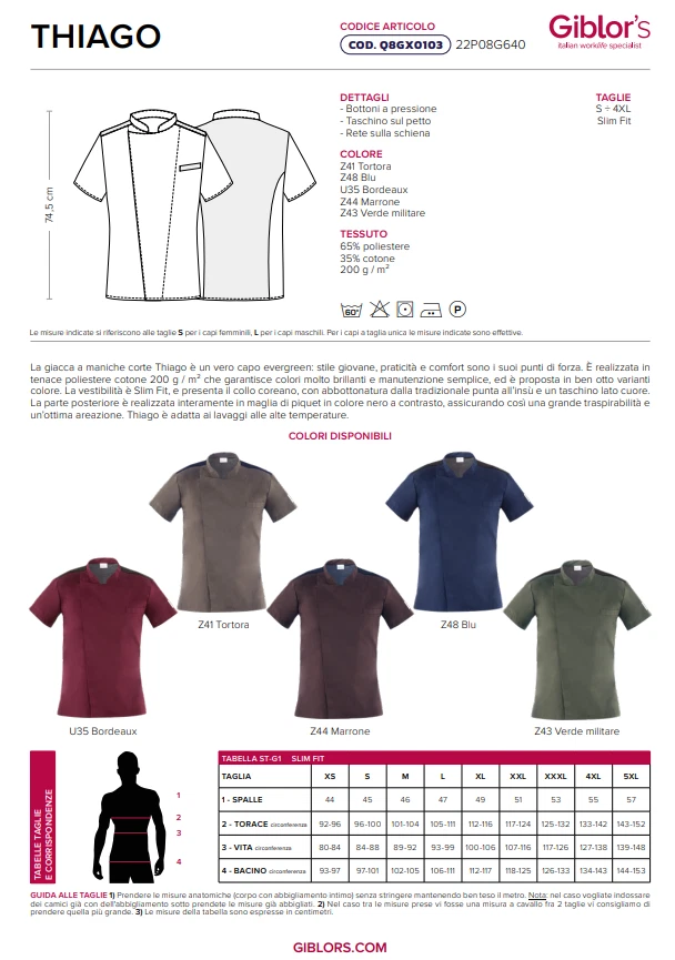 GIBLOR'S Giacca Manica Corta THIAGO Chef Cuoco Pub Confort Traspirante Q8GX0103 - Immagine 2 di 2