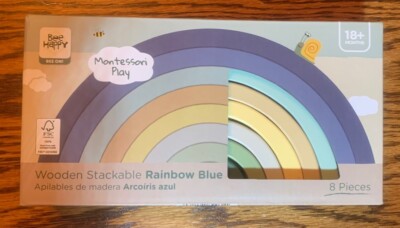 Bee Happy Wooden Rainbow Blue Stacking Toy Montessori Play Learning Blocks NEW