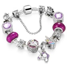 CHARM BRACELET WITH UNICORN or MICKEY, SIZE 7.5", BRACELET WITH EUROPEAN CHARMS