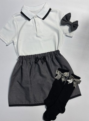 MÄDCHEN SCHULUNIFORM SET 2-14 JAHRE ROCK POLOSHIRT CLIP SOCKEN UNI GRAU