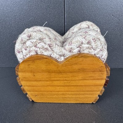 Country Heart Shaped Rag Rug Weaved 6 Coaster Set Wooden Holder Tan