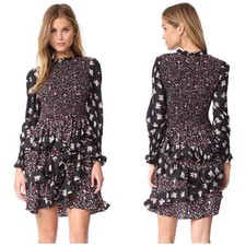 Rebecca Taylor Ruffled Long Sleeve Silk Smocked High Neck Black Floral Dress