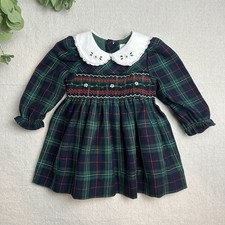 Vintage Baby Girl Size 12 Mos. Plaid Dress Navy Green Smocked Peter Pan Collar
