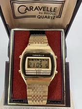 Vintage 80’s New Old Stock Caravelle Bulova LCD Watch Gold Electroplated Mens