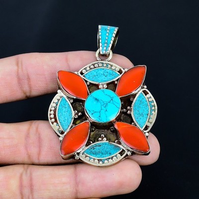 Turquoise Coral 925 Sterling Silver Bohemian Decent Tibetan Pendant 2.8'' PG 2410