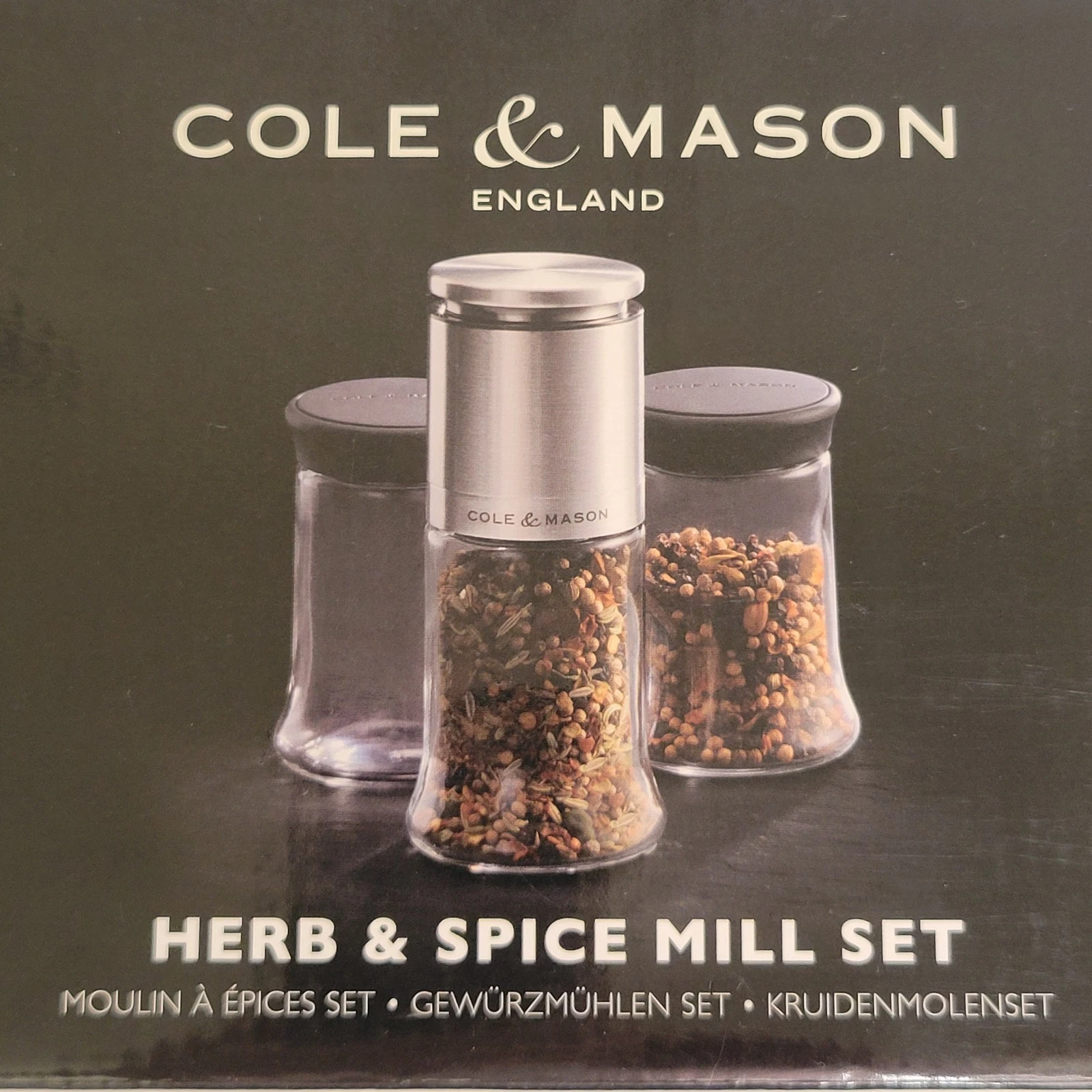NEW Williams Sonoma COLE & MASON Herb & Spice MILL SET England with 3 glass Jars