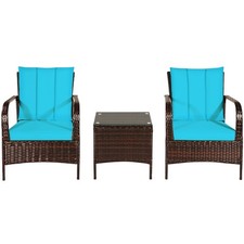 Patiojoy 3PCS Outdoor Rattan Conversation Set Garden Wicker Sofa Chair Turquoise