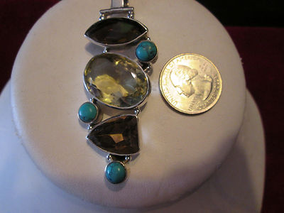 Sterling Silber Set Multi Edelsteine Anhänger Türkis Citrin Rauchquarz OOAK