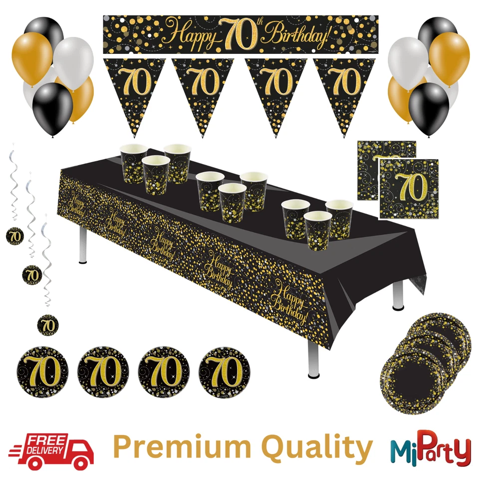 OAKTREE 70th Birthday Black & Gold Sparkling Fizz Party Tableware Partyware Decorations