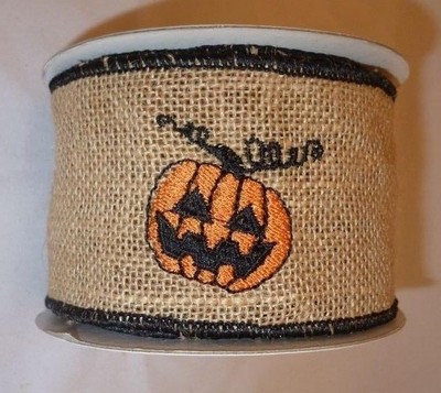 5 Yd. roll JUTE BURLAP EMBROIDERED PUMPKIN  WIRE EDGE RIBBON  2 1/2'' Wide