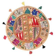 18 in Beige Footstool Vintage Patchwork Floor Cushion Bohemian Pouf Cushion