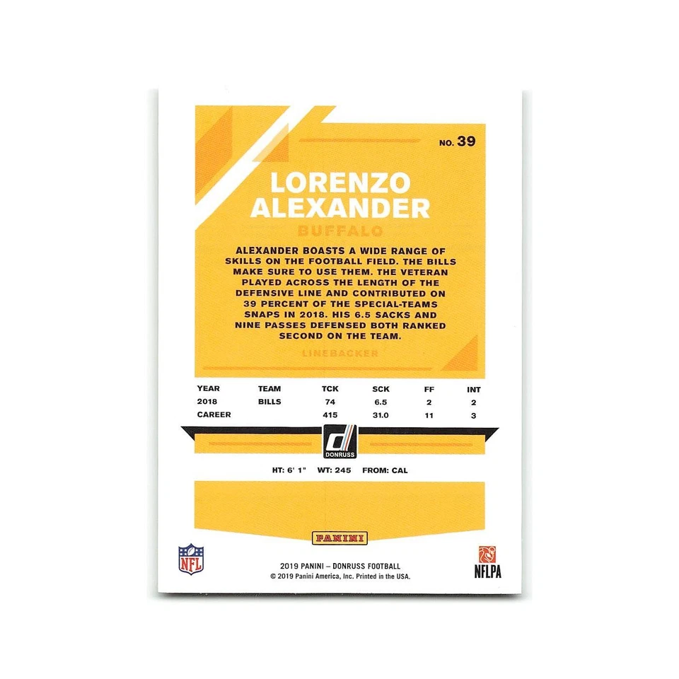Lorenzo Alexander 2019 Donruss #39 Buffalo Bills Football Card NM - Image 2 of 3