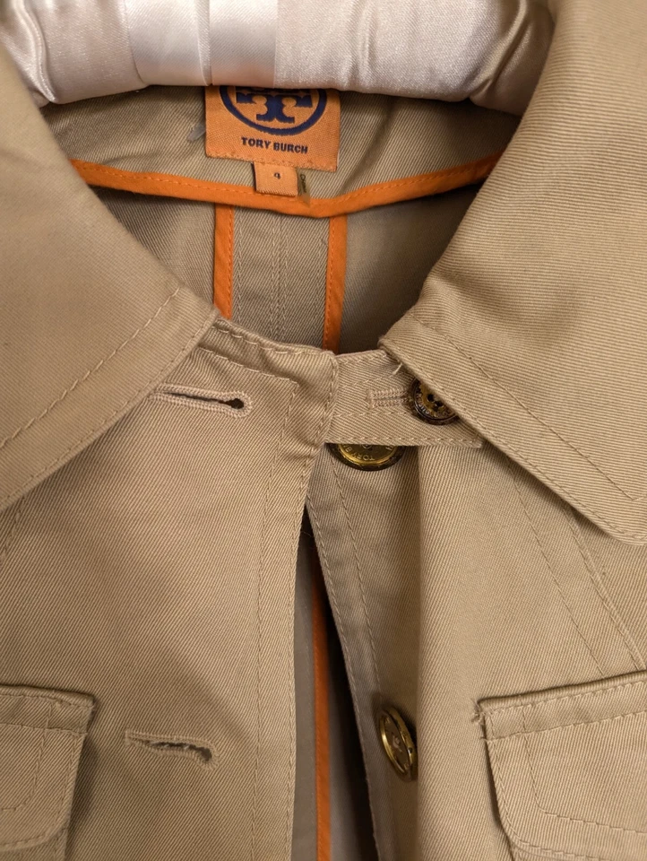 Tory Burch Trench Talla 4 Algodón Sarga Caqui Botón Manga Larga Bolsillos!! Acampanado Foto 3 de 4