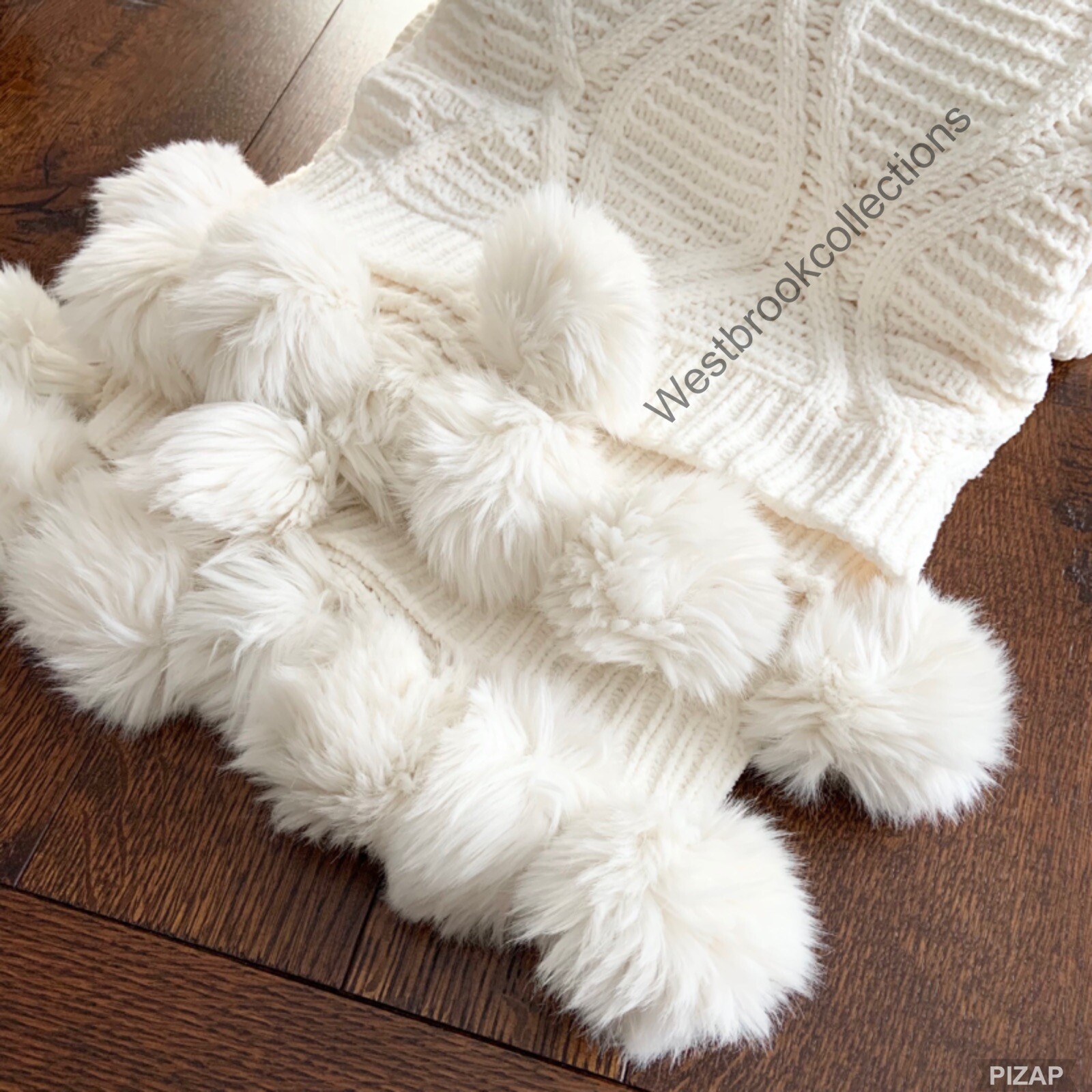 Nicole Miller Artelier Chenille Cable Knit Faux Fur Pom Pom Throw