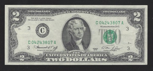 1976 USA $2 Two Dollar Bill Series (C) Number C04243807A Circulated Condition