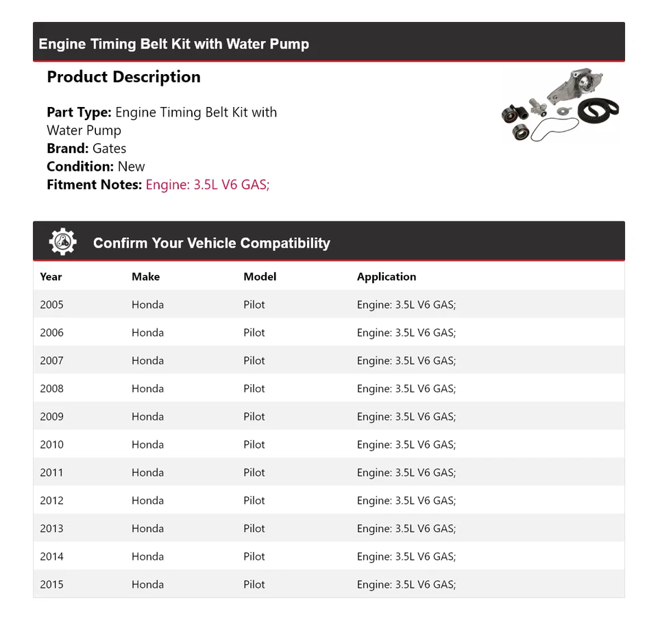 For 2005-2015 Honda Pilot Engine Timing Belt Kit with Water Pump Gates 2006 2007 - Image 2 of 4