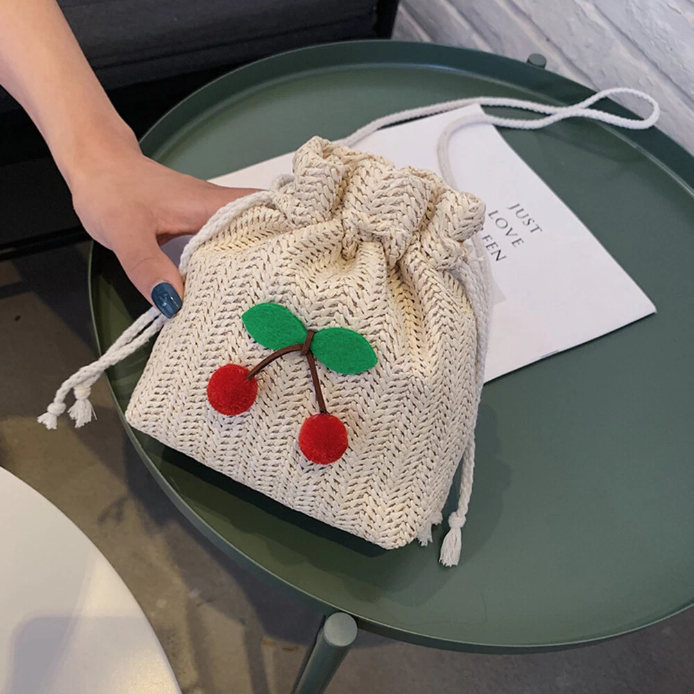 Cherry Handmade Straw Shoulder Bag Woven Drawstring Crossbody Bag