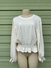 ZARA WOMAN ECRU BALLOON SLEEVE SWEATSHIRT Elastic Hem Size L 3101