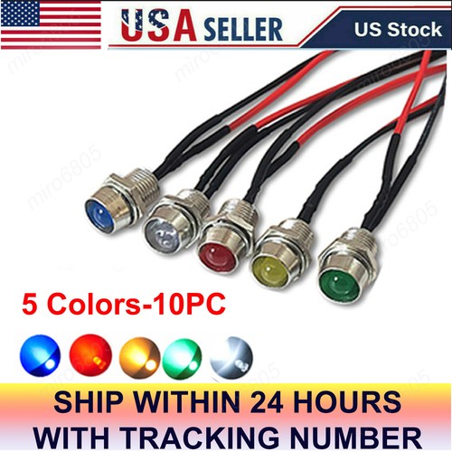 10PCS Car Boat LED Indicator Light 12V 8mm Pilot Dash Panel Warning