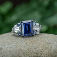 4.20Ct Emerald Cut Lab-Created Blue Sapphire Engagement Ring 925 Sterling Silver