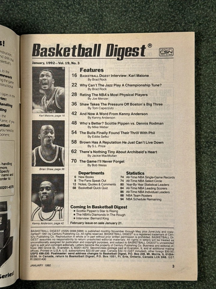 Revista Basketball Digest de enero de 1992 Karl Malone, Utah Jazz NBA Foto 2 de 4