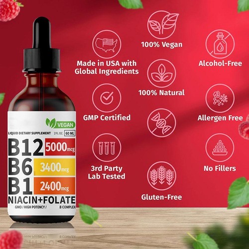 Vitamin B12 and B6 Liquid Drops, B12 Sublingual B Complex - B12 5000mcg 60ml - Picture 8 of 13