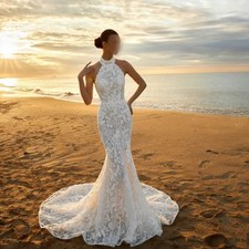 Boho Mermaid Wedding Dresses Halter Neck Sleeveless Lace Appliques Bridal Gowns