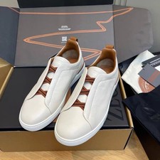 标题：Zegna Triple Stitch Deerskin Off White Brown Heel Sneakers Men's Size