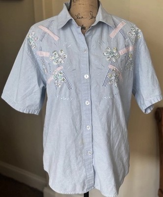Jane Ashley Embroidered Button Up Shirt Women s S Blue Cottagecore Farmhouse