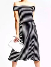 NWT Banana Republic Off-Shoulder Black and White Striped Midi Dress