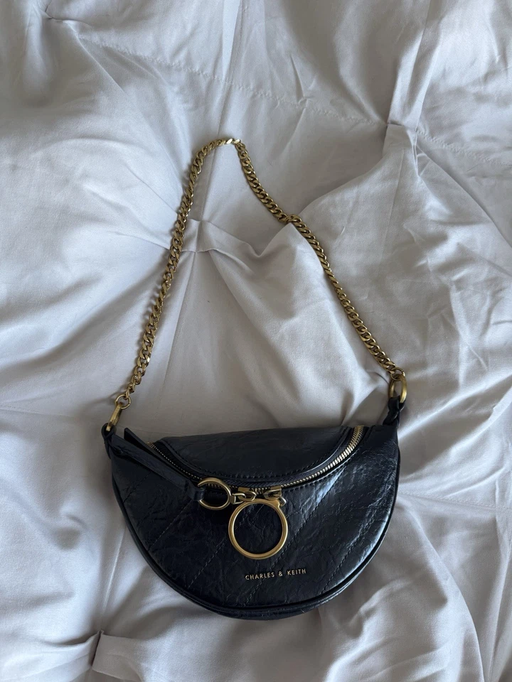 Charles and Keith Philomena Crossbody Hal Moon Bag Black - Image 4 of 4