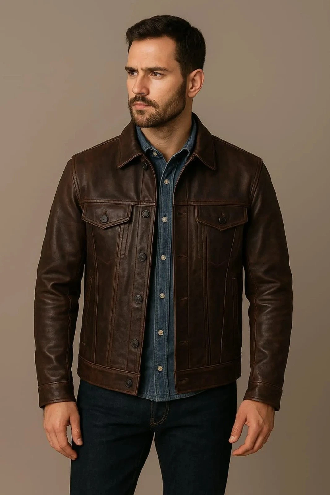 Men's Dark Brown Leather Trucker Jacket Real Leather Western Style Slim Fit Coat