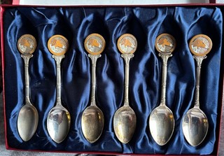 Matching set Of 6 BORZOI HEAD STUDY TEASPOONS.Silver EPNS and Enamel.DOG.CRUFTS.