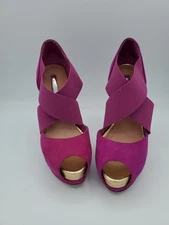 H By Halston Fuscia Suede Gold Toe Platform Peep toe Stiletto Heels Shoes 7.5 