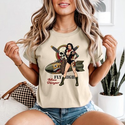 Fly High Miss Danger Damen T-Shirt Retro Pin Up Luftfahrt Geschenk für Sie