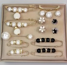 12pcs Mix Pearl Brooch Pins Set White Pearl Safety Pins Sweater Jewelry Gift