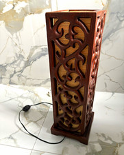 Thai Carved Wood Table Lamp Brown, Square Shade, Switch, LED E14 40cm Vintage