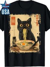 Vintage Kawaii Cat Ramen Graphic Tee, 100 Cotton Crew Neck T-Shirt, Short Sleev