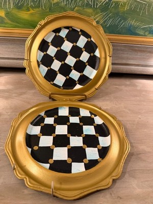 Set of 2 MacKenzie-Childs Style Checkered Decorative Plates Gold Rim Black White