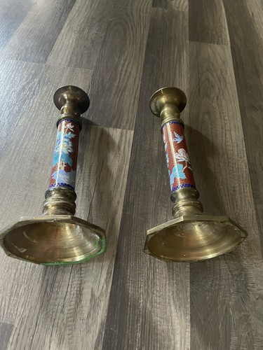 Vintage Cloisonne Enamel Inlay Brass Candlestick Set Chinese Floral Design 10” - Picture 3 of 4
