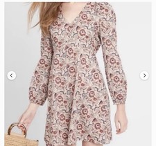 Banana Republic Swing Shift Long-Sleeve Dress - Champagne Floral Print Cotton XS