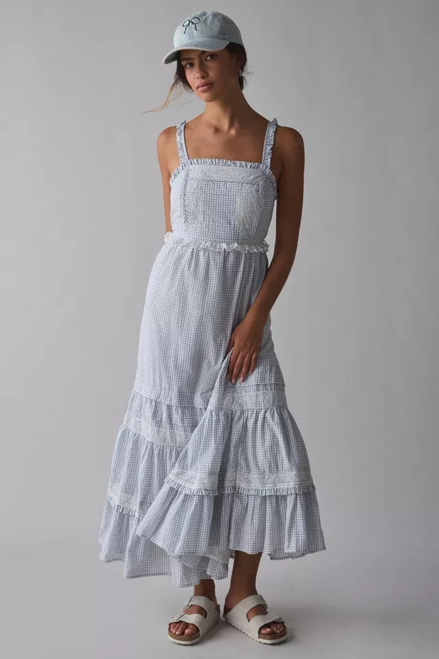 Vestido midi con delantal de lazo con lazo atado azul Kimchi Paloma Urbano Outfitters con volantes S NUEVO