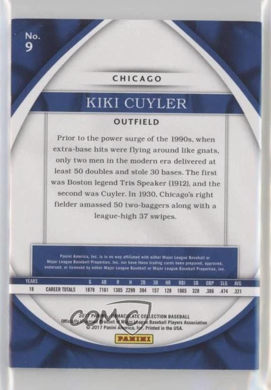 2017 Panini Immaculate Blue /10 Kiki Cuyler #9 HOF - Image 2 of 2