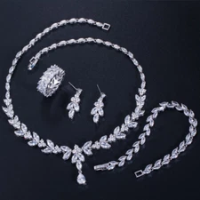 White Leaf Wedding Necklace Earrings Ring Bracelet Silver Plated CZ Jewelry Set
