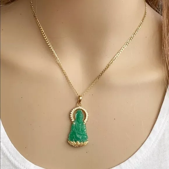 14K Solid Real Yellow Gold Lady Quan Kwan Yin Buddha Green Jade