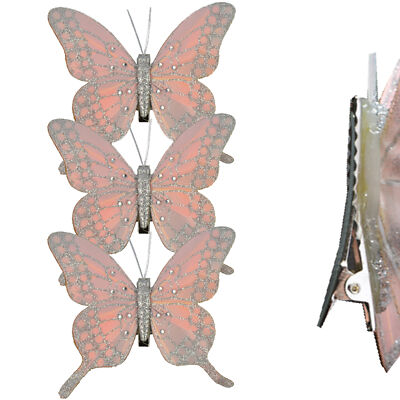 Weihnachten 3er Pack Clip auf Feder Schmetterling mit Glitzer Baumschmuck - Rosa