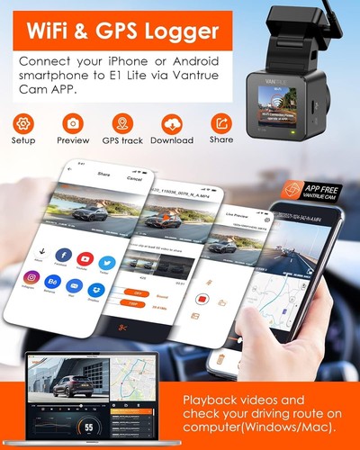 Vantrue E1 Lite WiFi Dash Cam 1080P Mini Dash Camera with GPS and Speed Free APP - Picture 2 of 8